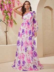 YISIKADO Kleid mit Blume Muster, einer Schulter frei, Chiffon