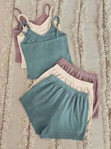 3pcs Waffle Knit Cami Top & 3pcs Shorts Lounge Set - Multicolor - View 2