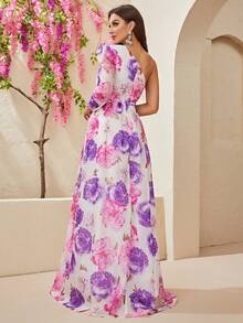 YISIKADO Kleid mit Blume Muster, einer Schulter frei, Chiffon