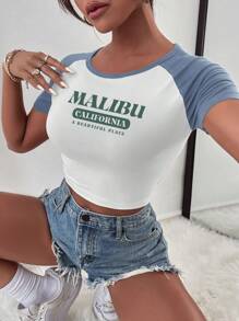 SHEIN Unity Colourblock Letter Graphic Raglan Sleeve Crop Tee - White - View 1