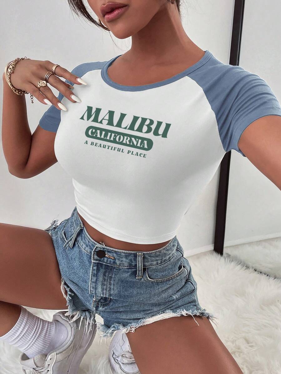 SHEIN Unity Colourblock Letter Graphic Raglan Sleeve Crop Tee - White - View 1