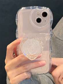 Heart Decor Clear Phone Case With Stand-Out Holder - White - View 1