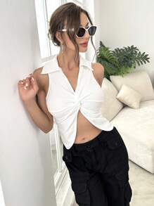 SHEIN Privé 前扭結短款背心 - 白色 - 查看 3