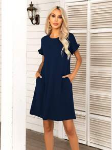 DEARCASE 素色褶邊T恤連衣裙 - 藏蓝色 - 查看 1