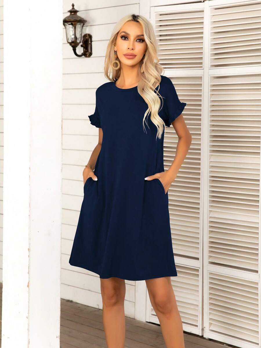 DEARCASE 素色褶邊T恤連衣裙 - 藏蓝色 - 查看 1