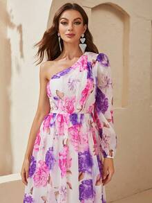 YISIKADO Kleid mit Blume Muster, einer Schulter frei, Chiffon