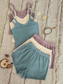 3pcs Waffle Knit Cami Top & 3pcs Shorts Lounge Set - Multicolor - View 4