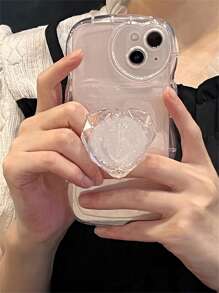 Heart Decor Clear Phone Case With Stand-Out Holder - White - View 2