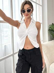 SHEIN Privé 前扭結短款背心 - 白色 - 查看 4