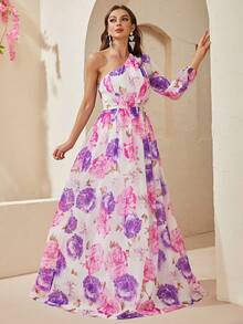 YISIKADO Kleid mit Blume Muster, einer Schulter frei, Chiffon