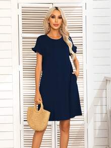 DEARCASE 素色褶邊T恤連衣裙 - 藏蓝色 - 查看 3