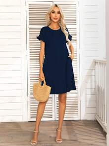 DEARCASE 素色褶邊T恤連衣裙 - 藏蓝色 - 查看 4