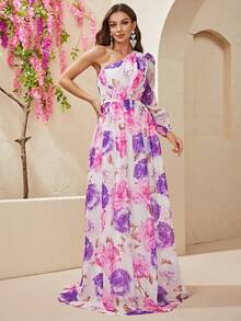 YISIKADO Kleid mit Blume Muster, einer Schulter frei, Chiffon