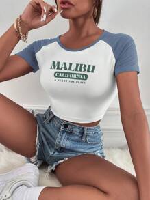 SHEIN Unity Colourblock Letter Graphic Raglan Sleeve Crop Tee - White - View 4