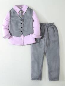 SHEIN Boys Vertical Striped Waistcoat & Pants & Shirt Set - Multicolor - View 1