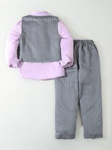 SHEIN Boys Vertical Striped Waistcoat & Pants & Shirt Set - Multicolor - View 2