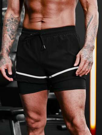 Manfinity Sport PWRUP 男士織帶拼接腰部抽繩二合一運動短褲