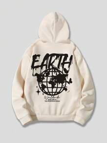 ROMWE MEN Men Butterfly & Letter Graphic Drawstring Hoodie - Beige - View 1