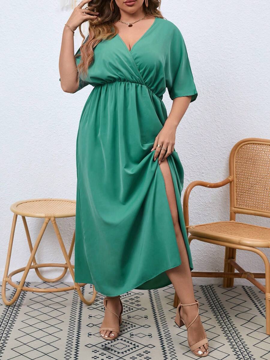 SHEIN Clasi Vestido de cuello cruzado de manga murciélago de muslo con abertura - Verde - Ver 1