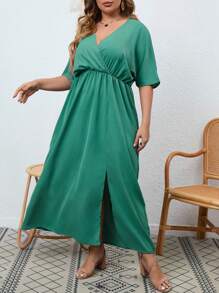 SHEIN Clasi Vestido de cuello cruzado de manga murciélago de muslo con abertura - Verde - Ver 4