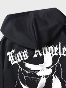 ROMWE MEN Goth 男士字母鴿子印花抽繩連帽衫 - 黑色 - 查看 3