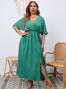 SHEIN Clasi Vestido de cuello cruzado de manga murciélago de muslo con abertura - Verde - Ver 5