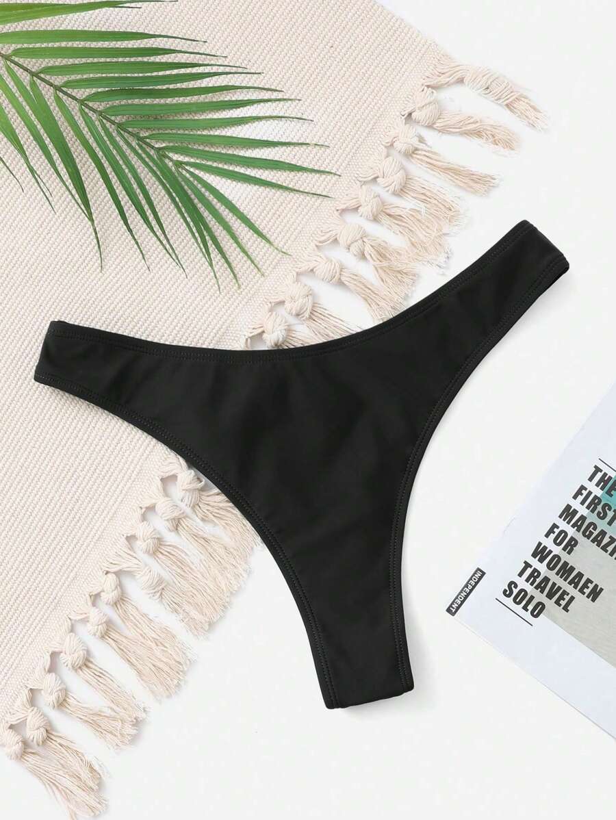 Swim Basics Summer Beach Solid High Cut Bikini Bottom - Black - View 1