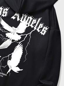 ROMWE MEN Goth 男士字母鴿子印花抽繩連帽衫 - 黑色 - 查看 5