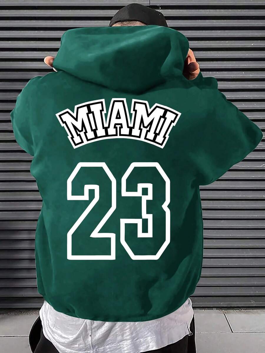 Aesthetic Post 男士字母圖案抽繩加絨內裏連帽衫 - 墨綠色 - 查看 1