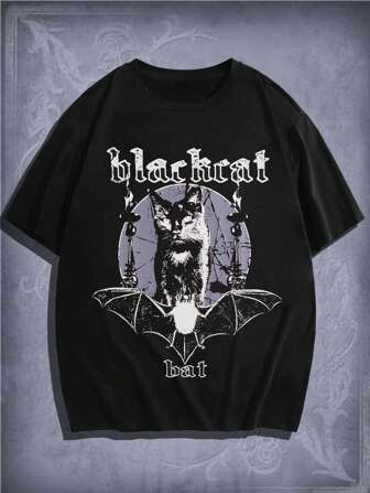 Goth Camiseta gráfica de algodón con gato y letra para hombres, escolar