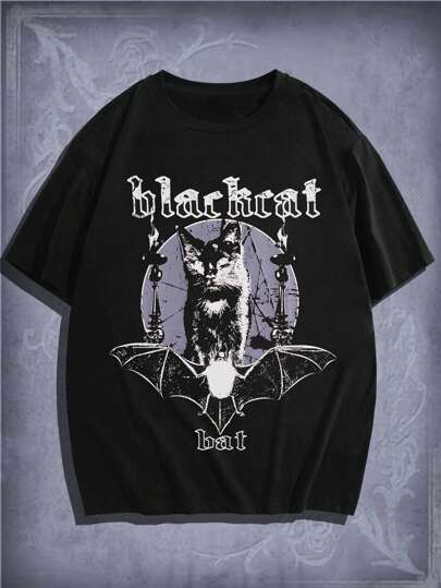 Goth تي شيرت رجالي من القطن بطباعة قطة وحرف، مدرسي