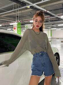 DAZY Star Pattern Drop Shoulder Top - Army Green - View 5