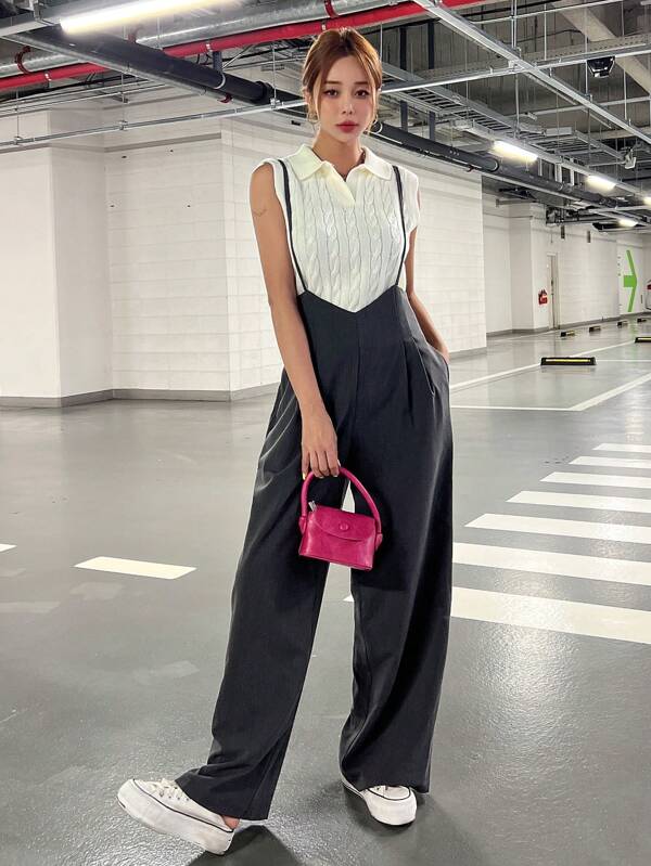 DAZY Solid Wide Leg Suspender Jumpsuit Women Rompers