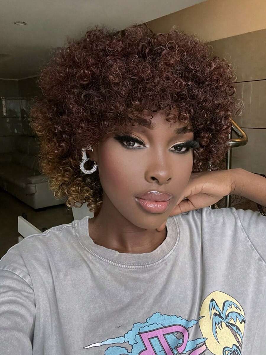 Synthetic Heat Resistant Wig Bangs Curly Short Hair Multi-Color 10 Inch Cheap Natural - Multicolor - View 1