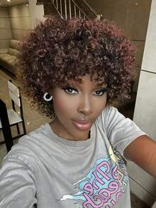 Synthetic Heat Resistant Wig Bangs Curly Short Hair Multi-Color 10 Inch Cheap Natural - Multicolor - View 5