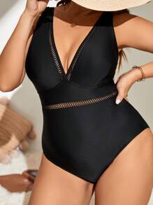 SHEIN Swim Curve Summer Beach Plus Hollow Out Trim One Piece Swimsuit - Black - View 1