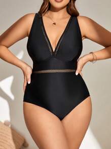 SHEIN Swim Curve Summer Beach Plus Hollow Out Trim One Piece Swimsuit - Black - View 4