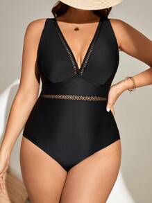 SHEIN Swim Curve Summer Beach Plus Hollow Out Trim One Piece Swimsuit - Black - View 5