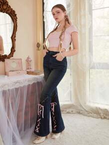 ROMWE Kawaii 前繫帶牛仔喇叭褲 - 深色水洗藍 - 查看 4