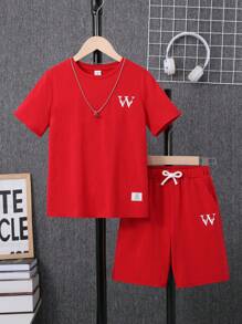 SHEIN Tween 男童红色皇冠印花补丁针织 2 件套，街头时尚，休闲夏季服装 - 紅色 - 查看 1