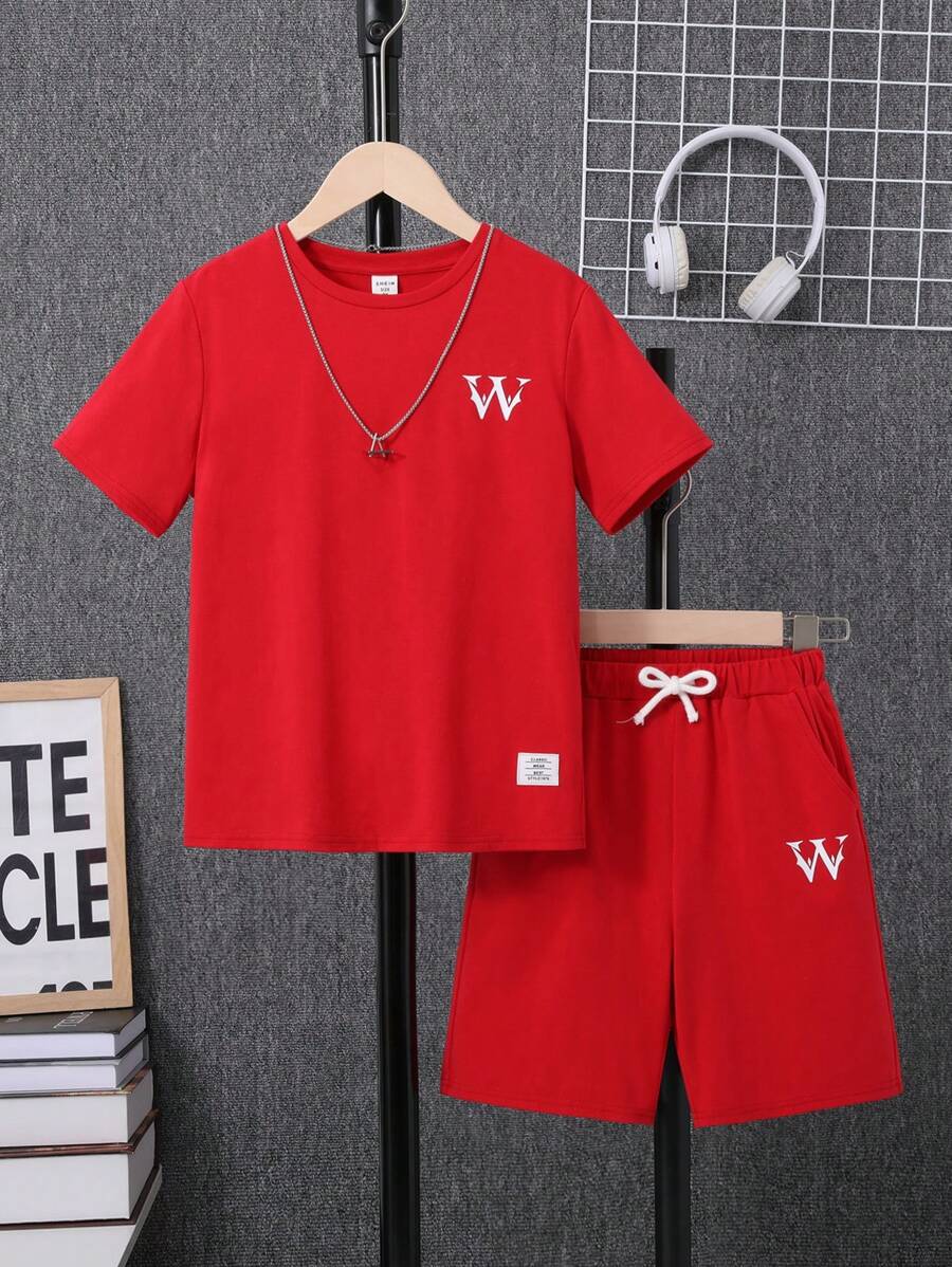 SHEIN Tween 男童红色皇冠印花补丁针织 2 件套，街头时尚，休闲夏季服装 - 紅色 - 查看 1