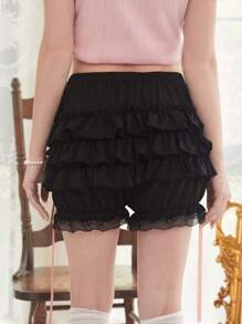 ROMWE Kawaii 对比色蕾丝荷叶边短裤，学校 - 黑色 - 查看 2