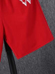 SHEIN Tween 男童红色皇冠印花补丁针织 2 件套，街头时尚，休闲夏季服装 - 紅色 - 查看 3