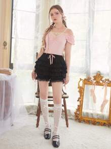 ROMWE Kawaii 对比色蕾丝荷叶边短裤，学校 - 黑色 - 查看 4