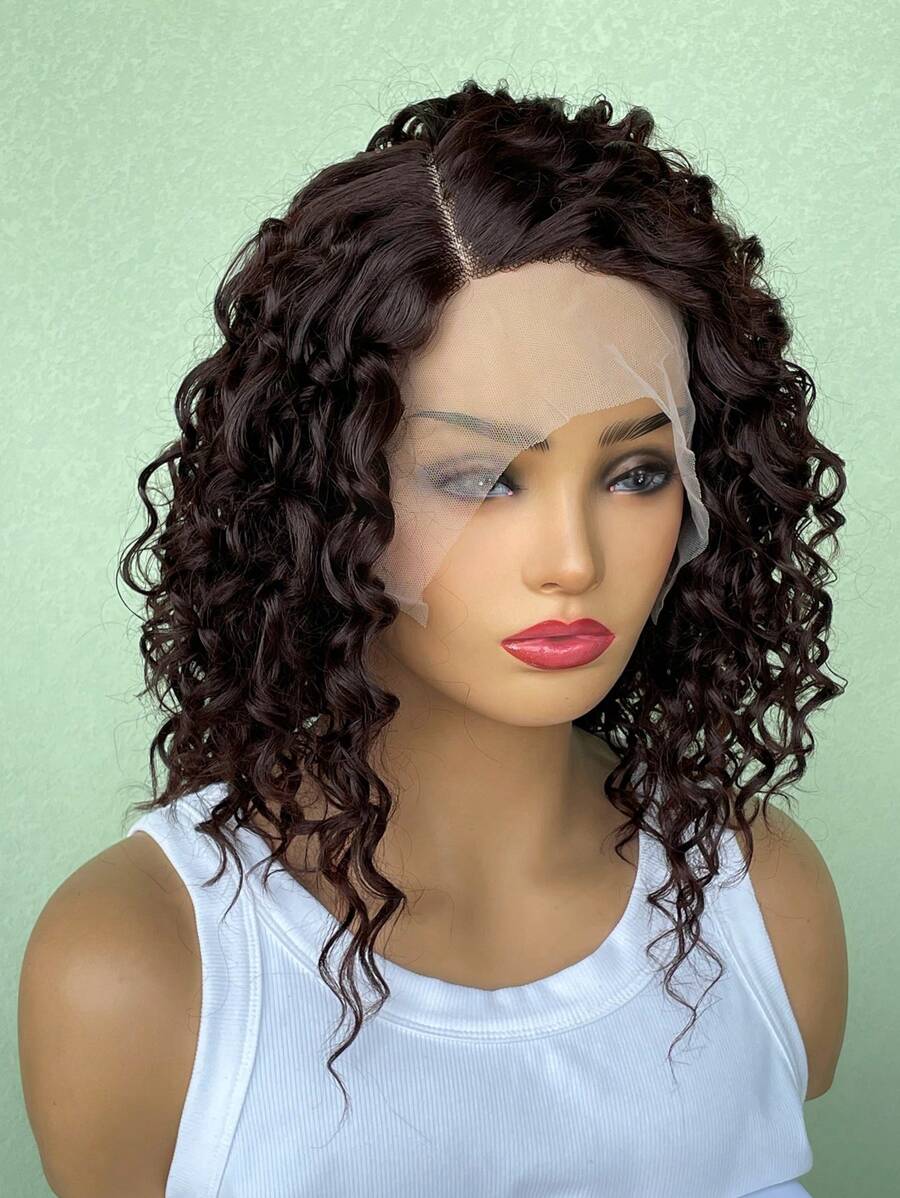 13 * 4 * 1 Phần chữ T Nâu Sợi tổng hợp Tóc giả phía trước Lace Ngắn Afro   Quăn Tối Nâu Ren Tóc giả Đối với phụ nữ - màu nâu - Xem 1
