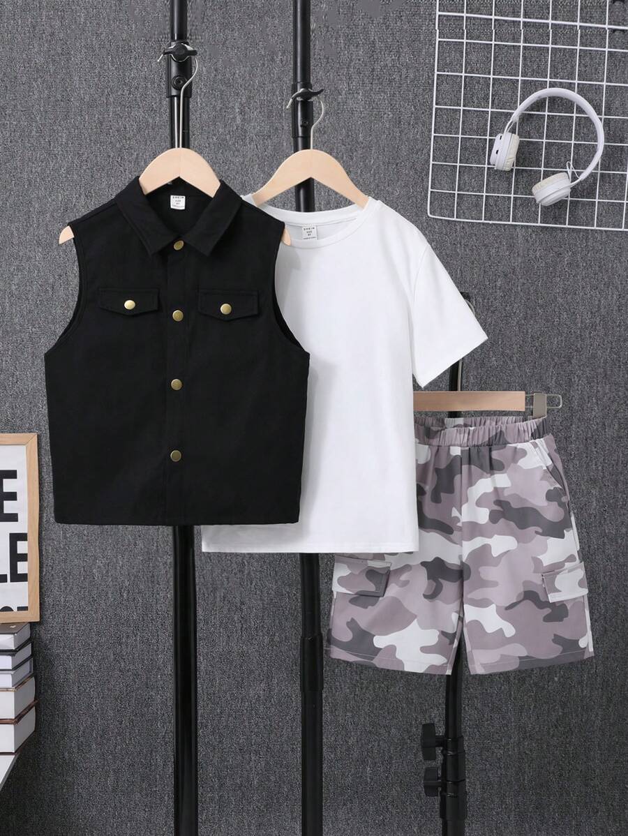 SHEIN 男童運動套裝功能性潮流背心和幹練迷彩印花短褲和清爽素色針織T恤3件套休閒夏裝