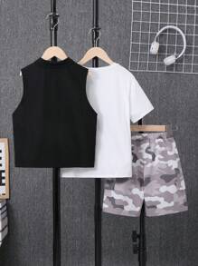 SHEIN 男童運動套裝功能性潮流背心和幹練迷彩印花短褲和清爽素色針織T恤3件套休閒夏裝