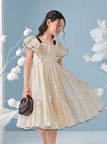 SHEIN 女孩1入組波卡圓點荷葉邊連衣裙 - 杏色 - 查看 2