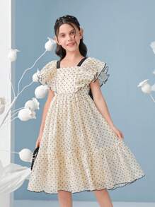 SHEIN 女孩1入組波卡圓點荷葉邊連衣裙 - 杏色 - 查看 3