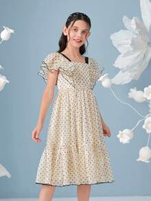 SHEIN 女孩1入組波卡圓點荷葉邊連衣裙 - 杏色 - 查看 5